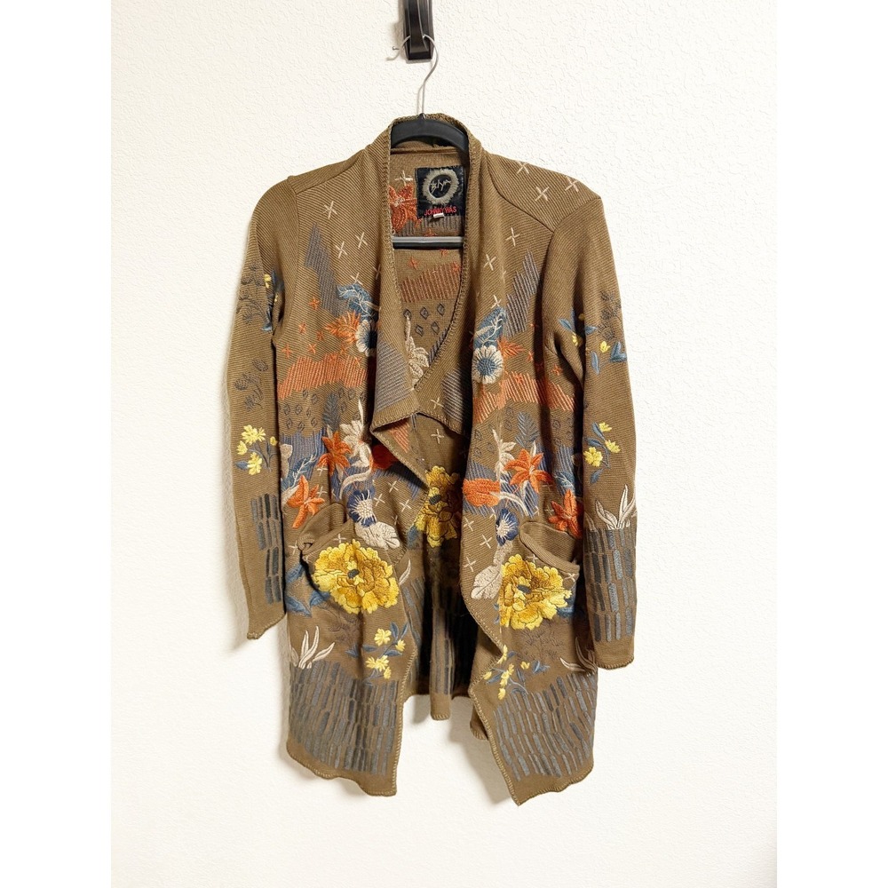 Johnny Was Biya Sarina Wrap Sweater Open Front Floral Embroidered Brown‎ Small